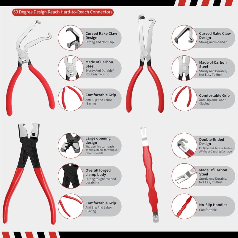 ZEUSORA 5-Pcs Kit Electrical Disconnect Pliers Set w/Gloves - Auto Connector Tool for Fuel Line, Wiring, Sensors & Coils | Quick-Release Car Truck Repair (Red) - Image 2